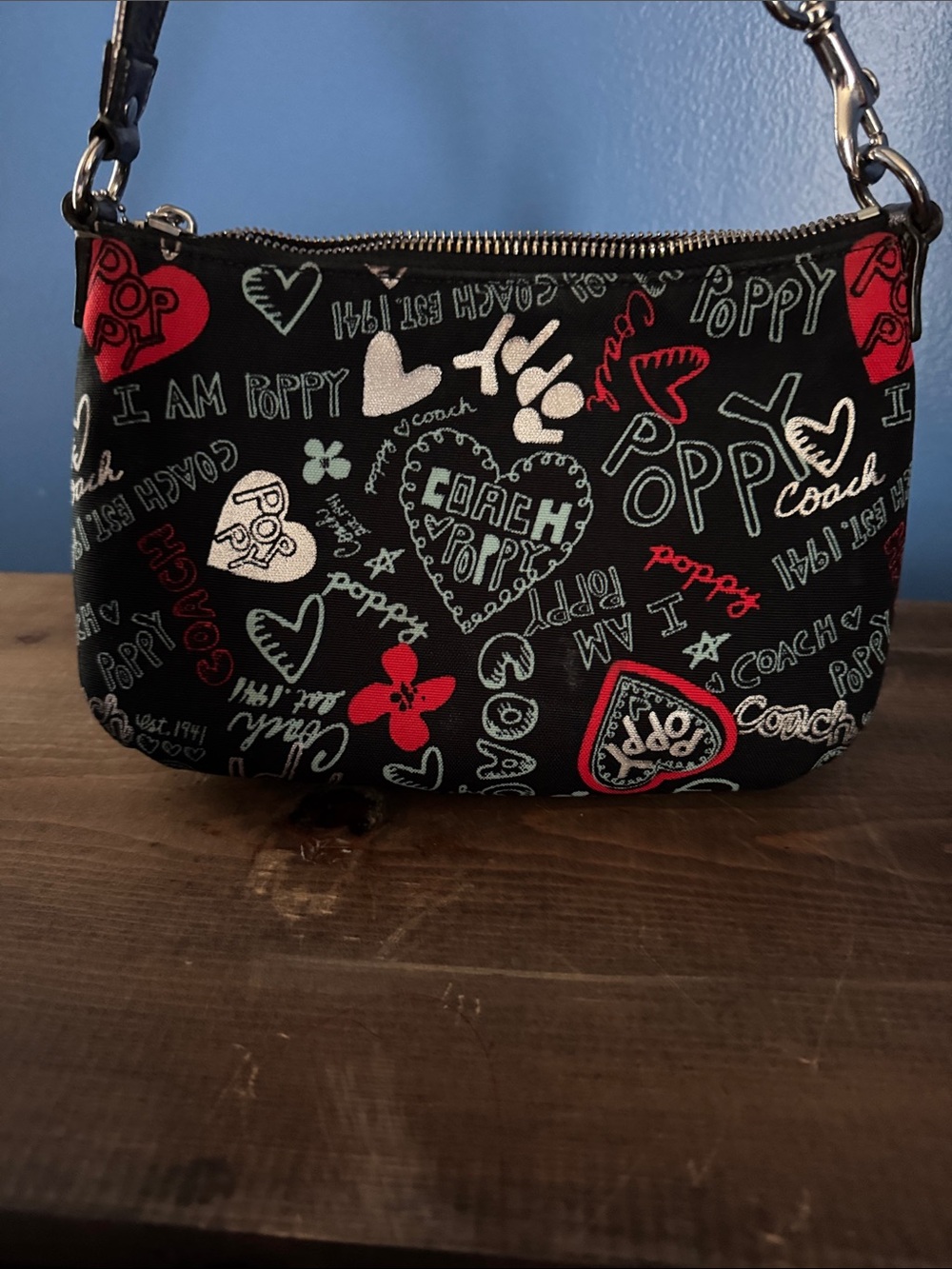 Coach Black Poppy Graphic Mini Wristlet with Red & Light Blue Accents - Picture 7 of 10